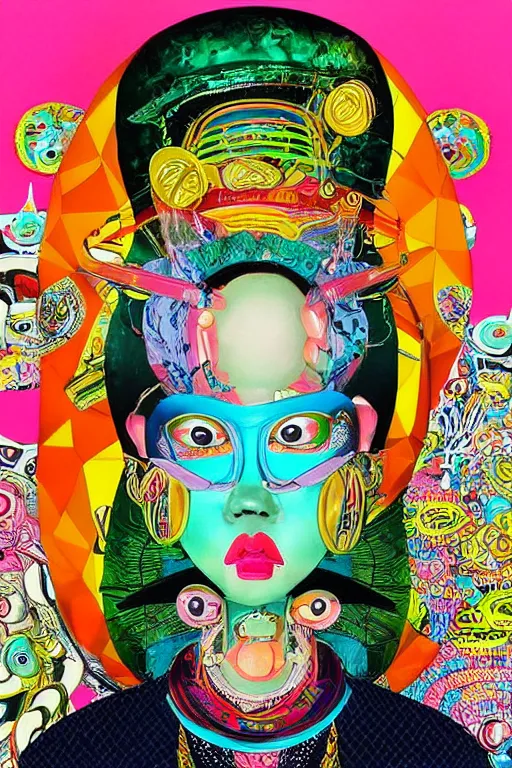 Prompt: “Detailed maximalist portrait with large lips and large eyes. 8x HD mixed media, 3D collage, highly detailed and intricate illustration in vibrant pastel tones. colourful matte background in the style of Keiichi Tanaami”