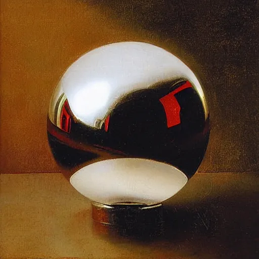 Prompt: chrome spheres on a red cube by jan lievens