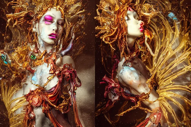 Image similar to Cinestill of A heartbreaking realistic 8k Bernini Sculpture of a stunning intricate cracked multicolored milky cosmic marble Evangelion Fallen Angel Devil Queen adorned in sentient mycelium mystical jewelry and ancient Empress crown and misty xparticles. by Yoshitaka Amano, Daytoner, Greg Tocchini, Scattered golden flakes, Hyperrealism. Subsurface scattering. Octane Render. Weirdcore