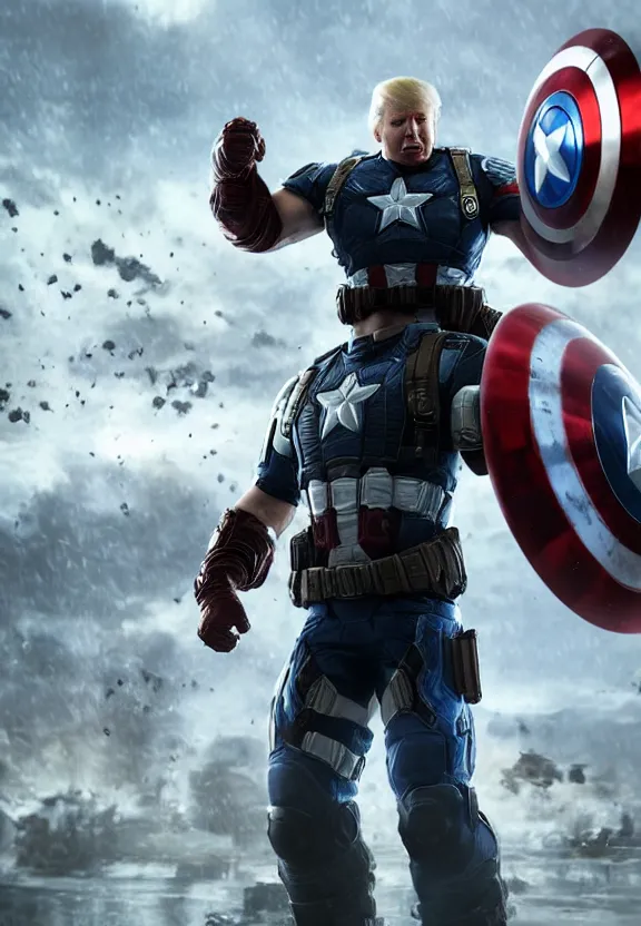 Prompt: Portrait of Donald Trump as captain america in Gears of War, splash art, movie still, cinematic lighting, dramatic, octane render, long lens, shallow depth of field, bokeh, anamorphic lens flare, 8k, hyper detailed, 35mm film grain