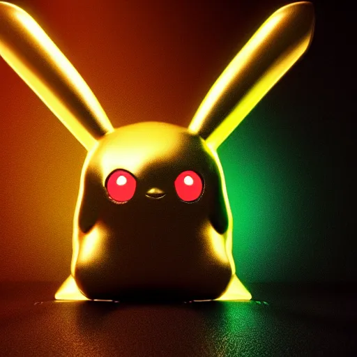 Image similar to chrome pikachu, glossy, metallic, neon, symmetrical, tribal patterns, realistic, unreal engine, octane, redshift, artstation, behance