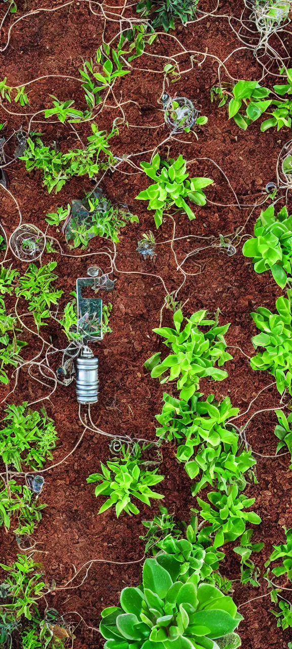 Image similar to award winning photo of technology rusty and filled with plants, stunning, 4 k, detailed, top - down, realistic