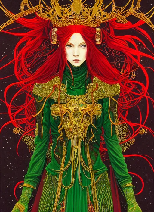 Image similar to a painting of a beautiful cyberpunk elven queen with long red hair, wearing green, red and gold ornate dress, golden intricate crown. detailed symmetrical full body portrait, intricate complexity, concept art, by takato yamamoto, makoto shinkai. cinematic dramatic atmosphere, sharp focus
