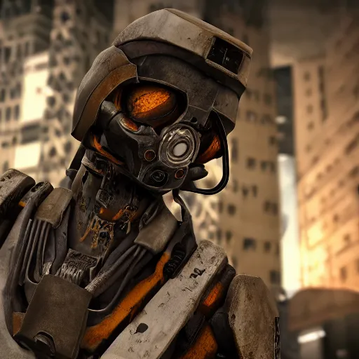 Image similar to cinematic shot of a half-life combine soldier standing in a city, 8k, very intricate, very detailed,