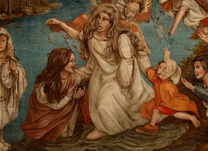 Image similar to Belle Delphine being christened in the river Jordan, fresco on a church wall