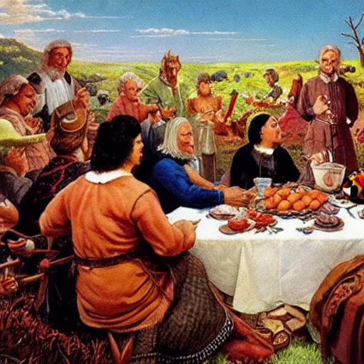 Image similar to the first Thanksgiving, Darrell K Sweet, artstation, digital art, johfra bosschartau