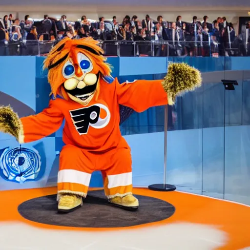 Image similar to Gritty the Philadelphia Flyers mascot delivering a speech at the United Nations