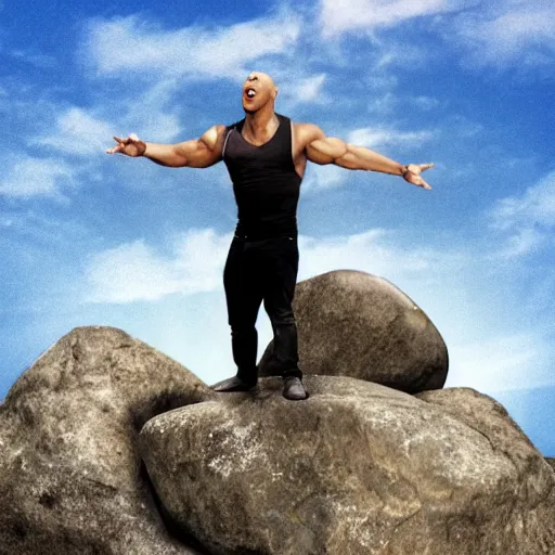 Image similar to dwayne the rock jonson standing on a rock and singing in a rock concert