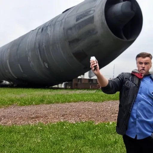 Prompt: selfie, funny intimidated ukrainian against the background of a fallen huge nuclear missile in his yard