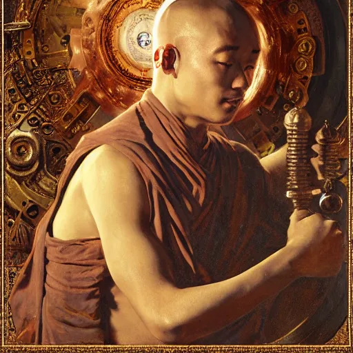 Image similar to buddhist monk blindfolded with high - teh vr steampunk headset armour baroque style, painting by gaston bussiere, craig mullins, j. c. leyendecker, lights, art by ernst haeckel, john william godward, hammershøi,