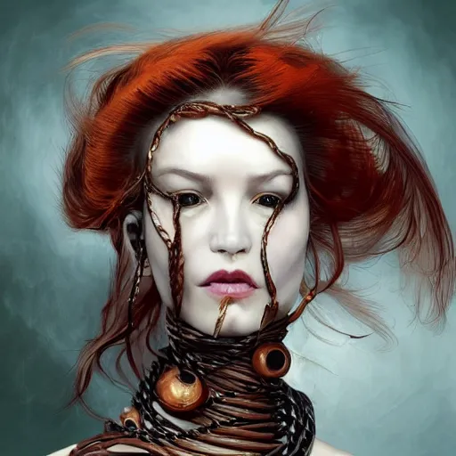 Prompt: portrait of a Shibari rope wrapped face and neck, headshot, insanely nice professional hair style, dramatic hair color, digital painting, of a old 18th century cyborg merchant, amber jewels, baroque, ornate clothing, scifi, realistic, hyper detailed, chiaroscuro, concept art, art by Franz Hals and Jon Foster and Ayami Kojima and Amano and Karol Bak,
