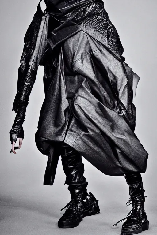 Prompt: beautiful androgynous high fashion avant garde techwear look and clothes, we can see them from feet to head, highly detailed and intricate, luxury, cinematic, rick owens, yohji yamamoto, y 3, outfit photo, hot on r / streetwear, trending on artstation,