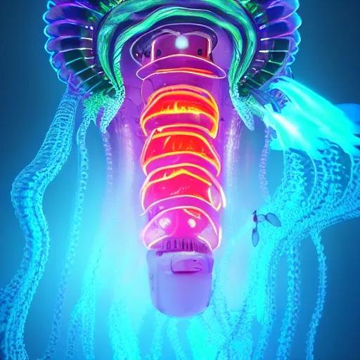 Prompt: cyberpunk jellyfish, with neon Bioluminescence, in deep ocean, above a coral reef, cinematic lighting, ultra detail, photo realistic, octane render