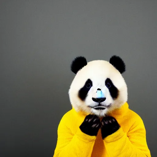 Prompt: happy panda wearing a yellow turtleneck, studio, portrait, facing camera, studio, dark bg