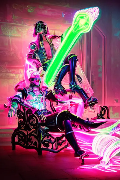 Prompt: fantasy medeival and cyberpunk style white neon statue of a muscular attractive tan male macho dotado android reclining sim roupa con piroca dura, glowing pink face, white baseball cap, green steampunk lasers, emeralds, swirling white silk fabric. futuristic elements. prismatic liquid rainbow light, full-length view. space robots. human skulls. throne made of bones, intricate artwork by caravaggio. Trending on artstation, octane render, cinematic lighting from the right, hyper realism, octane render, 8k, depth of field, 3D