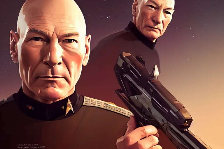 Image similar to portrait of patrick stewart holding an shotgun, star trek set in background, charlie bowater, artgerm, ilya kuvshinov, krenz cushart, ruan jia, realism, ultra detailed, 8 k resolution