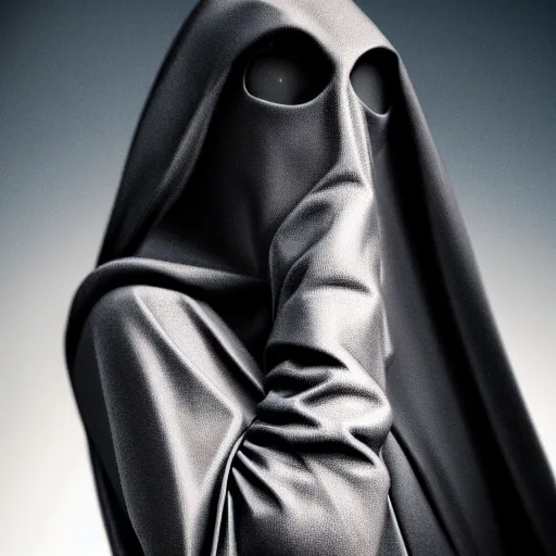 Image similar to a figure shrouded in a dark cloak holds out one hand with a large handgun, photorealistic, sharp details, 4 k, fantasy