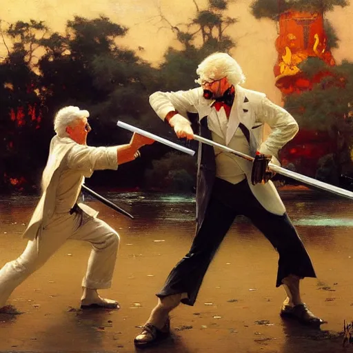 Prompt: colonel sanders with katana fighting donald mcdonald with gun, highly detailed painting by gaston bussiere, craig mullins, j. c. leyendecker, 8 k