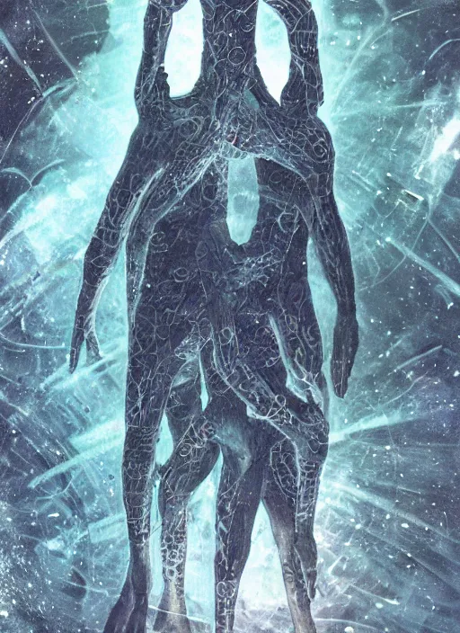 Image similar to astronauts in dark and empty void underwater - complex and hyperdetailed technical suit. reflection and dispersion materials. rays and dispersion of light. volumetric light. 5 0 mm, f / 3 2. noise film photo. flash photography. ultra realistic, wide angle. poster by wayne barlowe, hajime sorayama aaron horkey, craig mullins