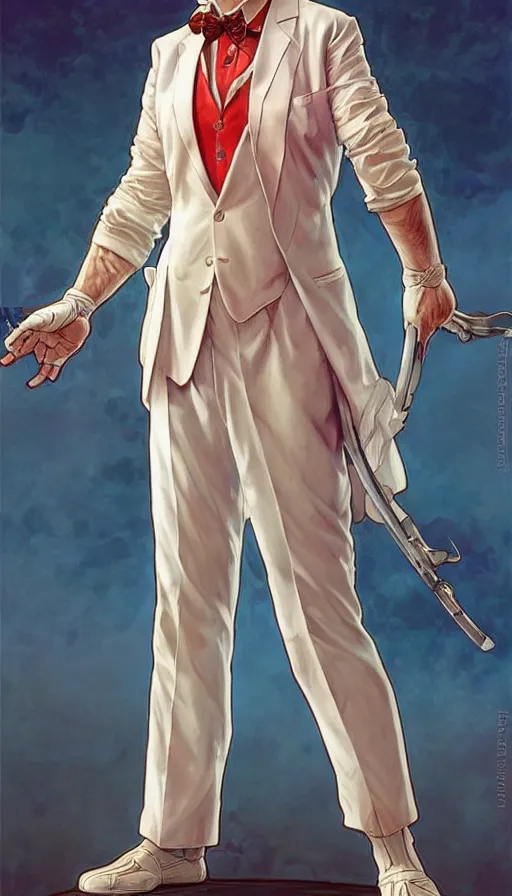 Image similar to a full body portrait of colonel sanders the greek god!! explaining, background of rednecks, extremely beautiful, anatomically accurate, by artgerm and by greg rutkowski and by alphonse mucha and by simon bisley, radiant light, detailed and intricate environment,