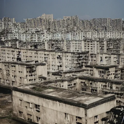 Prompt: brutalist city, prison city, totalitarian prison island, hashima island, rundown buildings, military buildings, prison complex, colorized 3 5 mm photo