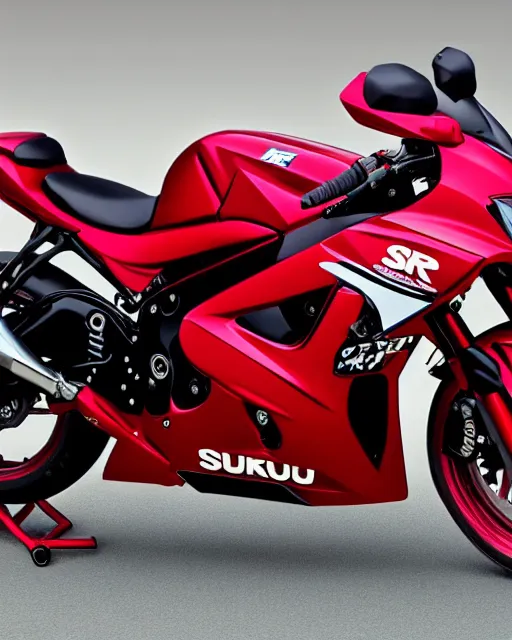 Image similar to an array of parts composing a cherry-red Suzuki GSX-R1000 motorcycle, body, mirrors, engine, wheels, chrome, aerodynamic