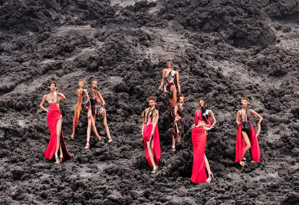 Prompt: fashion editorial in volcano eruption lava. wide angle shot. highly detailed.