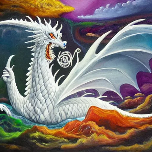 Prompt: highly detailed oil painting of a white dragon sitting in a colorful hotspring within a dark cavern