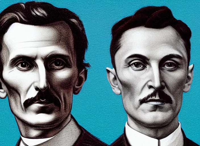 Image similar to portrait of NIKOLA TESLA and ELON MUSK together in the style of Davinci