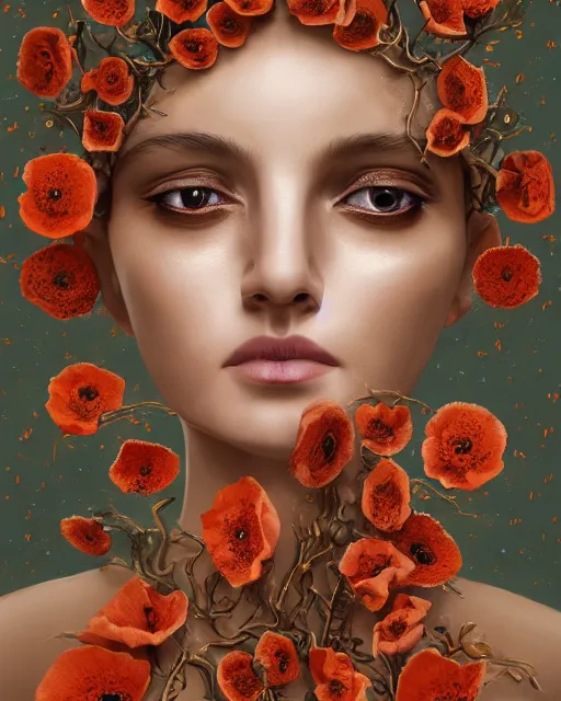 Image similar to unique non-conventional beautiful goddess of poppy, poppy flowers, dry poppy heads, surreal, fantasy, intricate, elegant, dramatic lighting, emotionally evoking symbolic metaphor, highly detailed, ornate designs, organic designs, lifelike, photorealistic, painterly, digital painting, painterly, artstation, concept art, smooth, sharp focus, illustration, art by John Collier and Krenz Cushart and Artem Demura and Alphonse Mucha and Albert Aublet,