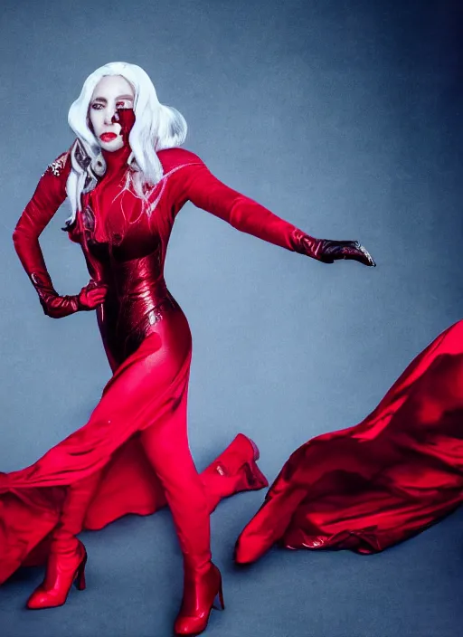 Image similar to photoshoot of lady gaga as the scarlet witch in wandavision , magazine, High resolution. Highly detailed. Dramatic. 8k.4k.