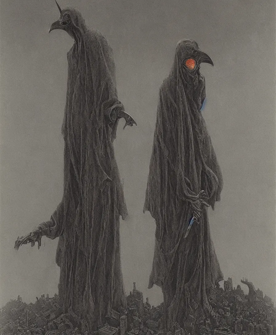 Image similar to plague doctor from iron gridle but human form, destroyed city and flames by zdzislaw beksinski