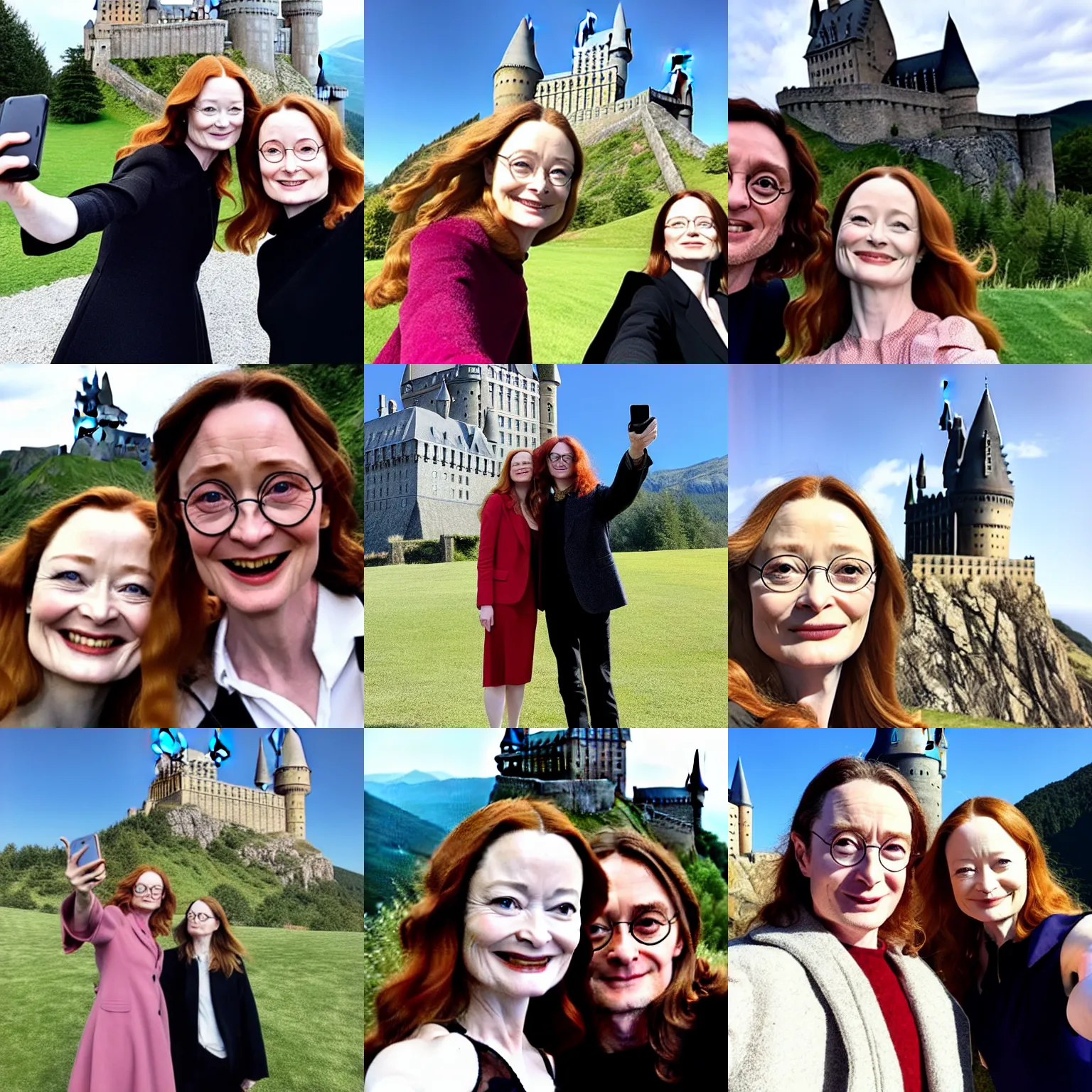 Prompt: miranda otto, posing for a selfie with harry potter, in front of a castle on a mountain,