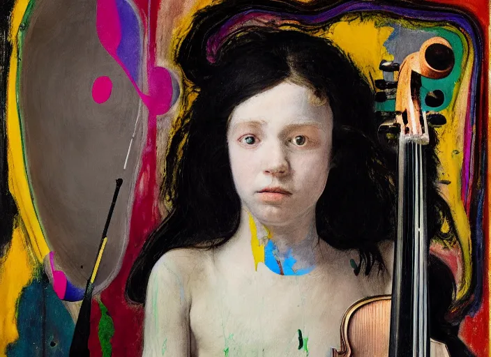 Image similar to girl standing with violin down painted by vincent lefevre and hernan bas and pat steir and hilma af klint, psychological, photorealistic, symmetrical face, dripping paint, washy brush, rendered in octane, altermodern, masterpiece