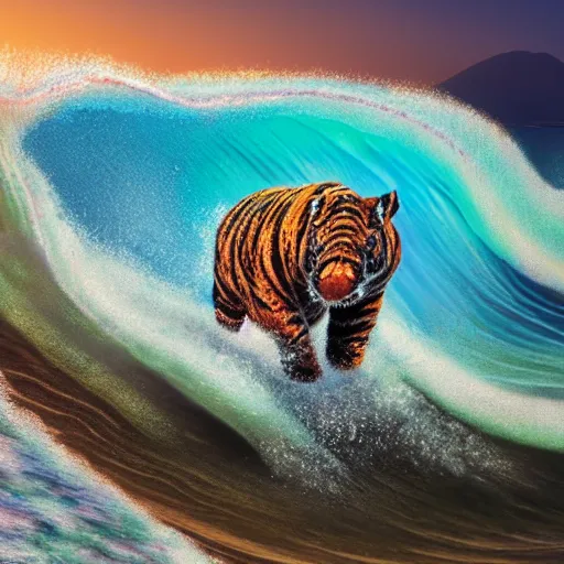 Image similar to a closeup photorealistic photograph of an energetic knitted tiger hippopotamus riding a large wave during sunset. surf in the background. professional capture. brightly lit scene. this 4 k hd image is trending on artstation, featured on behance, well - rendered, extra crisp, features intricate detail, epic composition and the style of unreal engine.