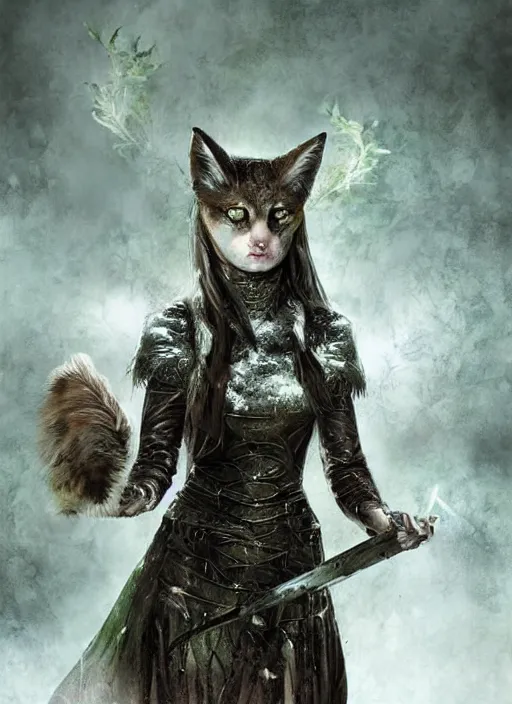 Prompt: medieval female warrior, green eyes, dark forbidden forest, wolves, white cat, by Lecouffe-Deharme, by Natalie Shau