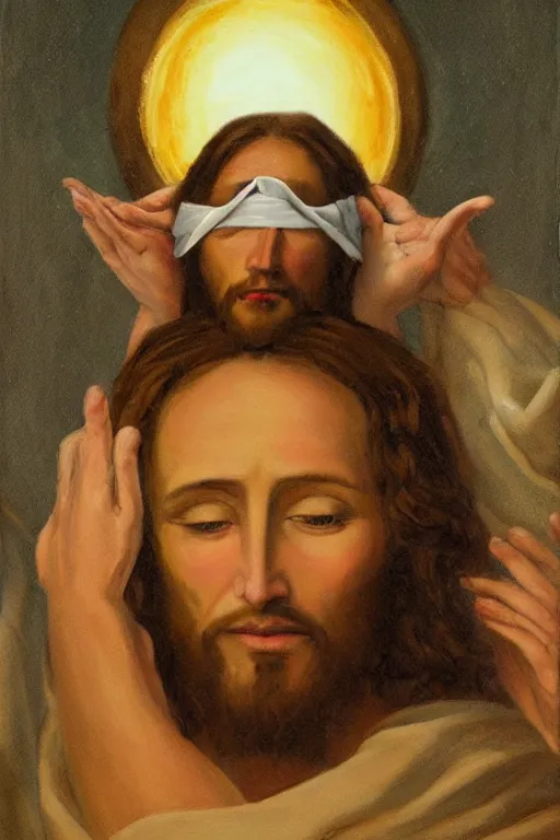 Image similar to painting of jesus christ with blindfold!!!!!! holding cornucopia!!!!!!