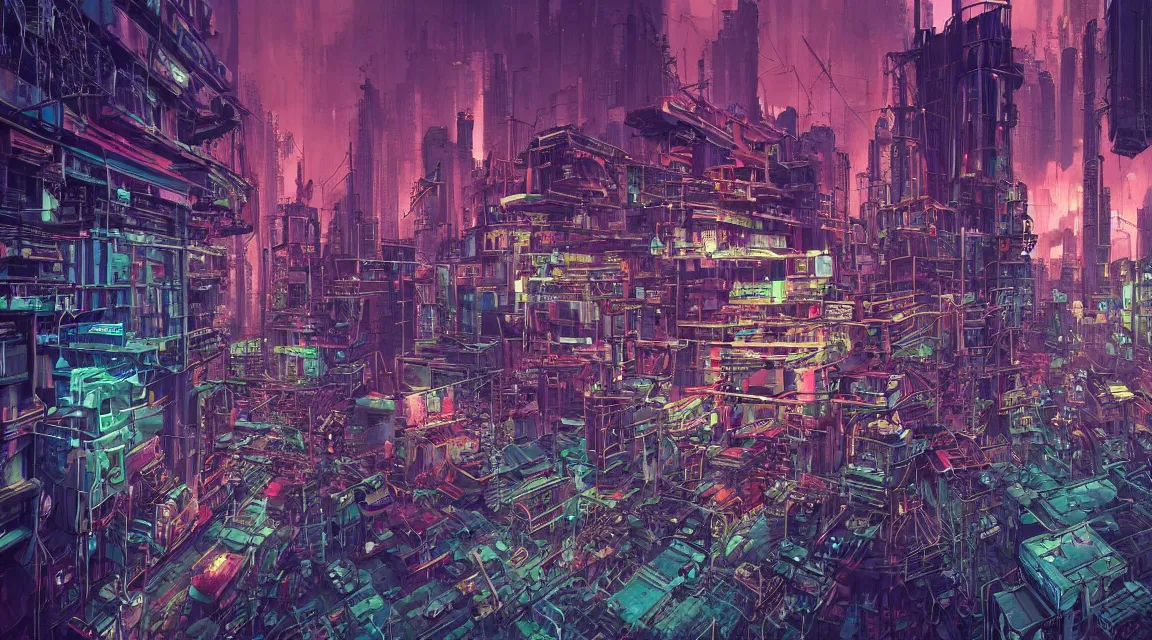 Image similar to post apocalyptic cyberpunk city block buildings, synthwave neon retro, by Vladimir Manyukhin, by Simon Stålenhag, by Zdzisław Beksiński, by Guido Borelli, by Nathan Walsh, by Peter Gric, Wild vegetation, mold, deviantart, trending on artstation, Photorealistic, Incredible Depth, vivid colors, polychromatic, glowing neon, geometric, concept art digital illustration panorama, polished, beautiful, HDR Unreal Engine 64 megapixels IMAX Terragen 4.0, 8k resolution concept art filmic complex utopian mysterious moody futuristic