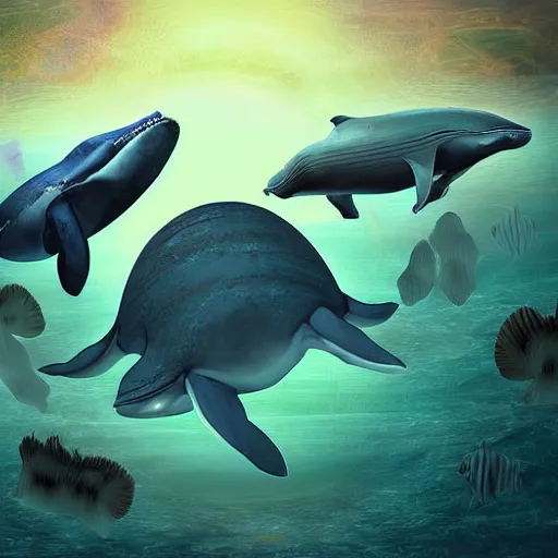 Prompt: a society of whale aliens under the ocean, sci-fi digital art,