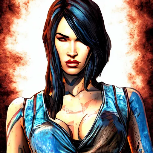 Image similar to megan fox portrait, borderlands, tales from the borderlands, the wolf among us, comic, cinematic lighting, studio quality, 8 k