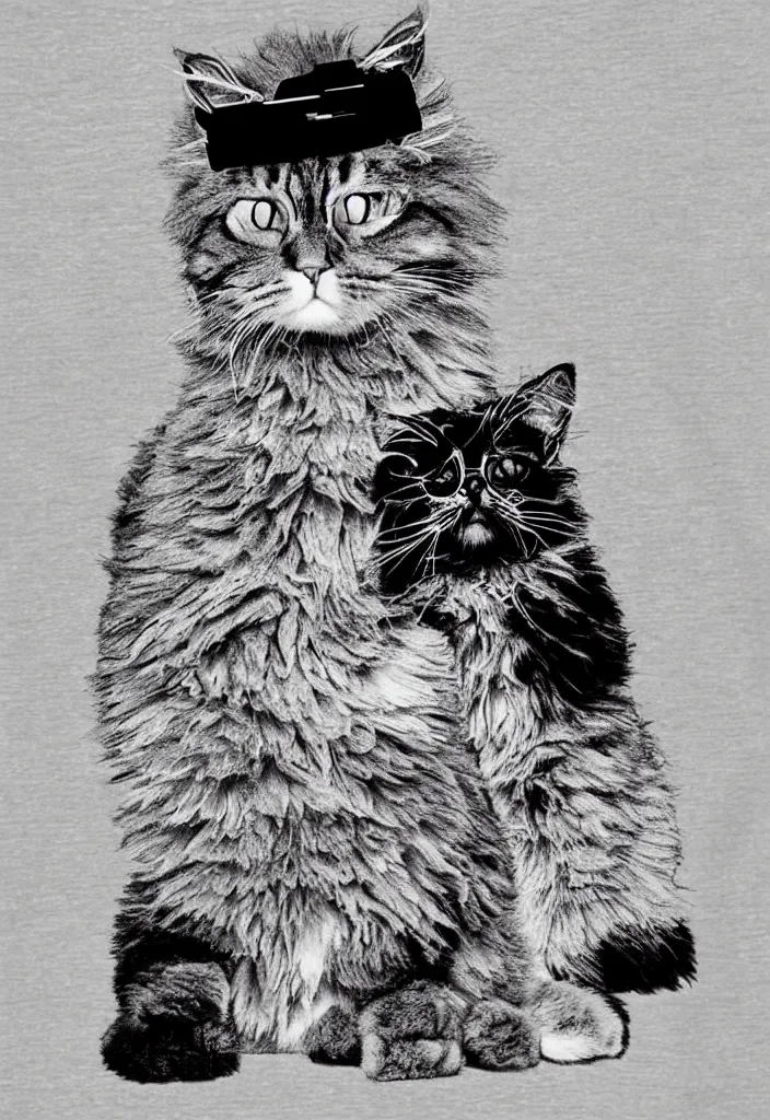Prompt: fluffy cat t - shirt design, ironic hipster hype beast