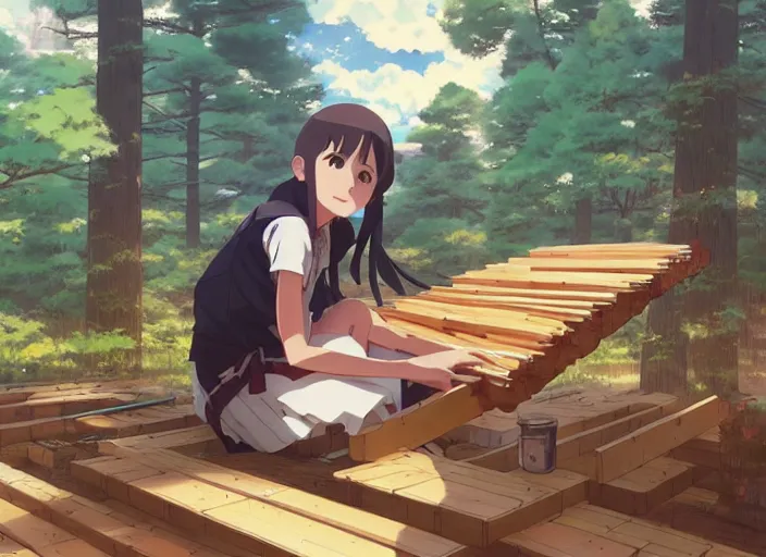 Image similar to portrait of a woman building a log cabin, illustration concept art anime key visual, trending pixiv fanbox by wlop and greg rutkowski and makoto shinkai and studio ghibli and kyoto animation