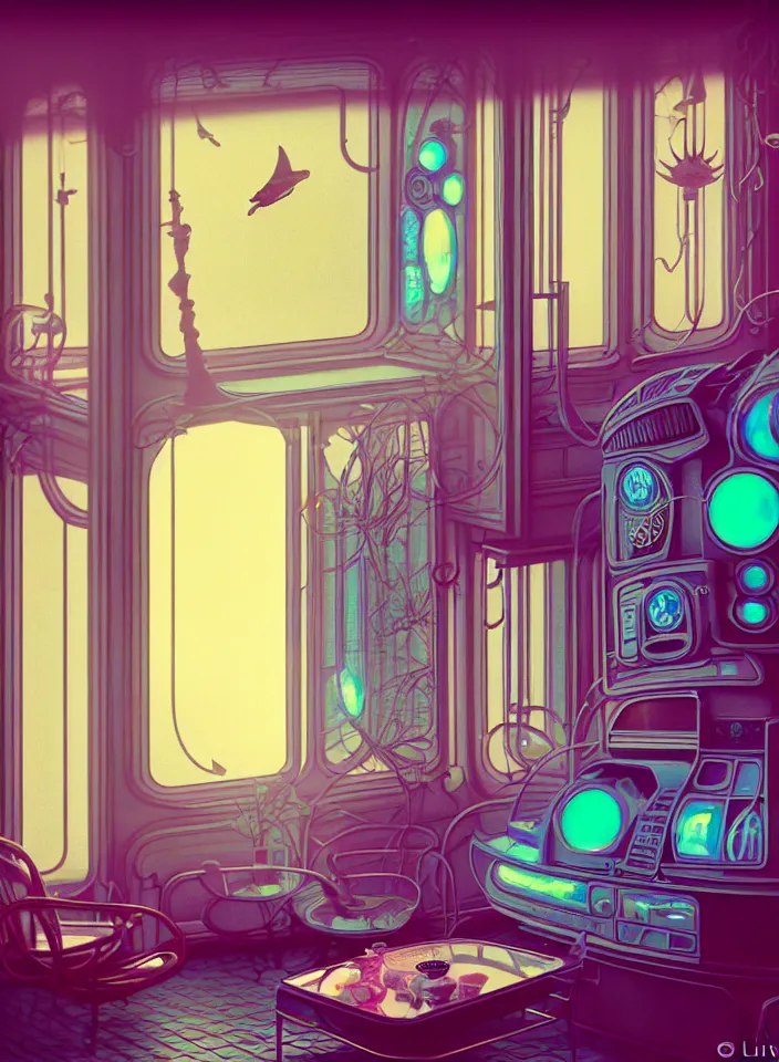 Prompt: telephoto 7 0 mm f / 2. 8 iso 2 0 0 photograph depicting the feeling of chrysalism in a cosy safe cluttered french sci - fi ( art ( nouveau ) ) cyberpunk apartment in a pastel dreamstate art cinema style. ( living room ) ( ( fish tank ) ), ambient light.