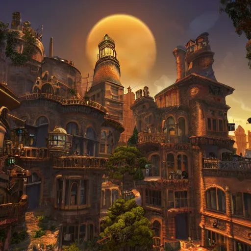 Image similar to A fantastical underground steampunk village with towering buildings, side-scrolling 2d platformer game level, dramatic dusk sun illuminates areas, volumetric light , detailed, rich color, upscale , 8k