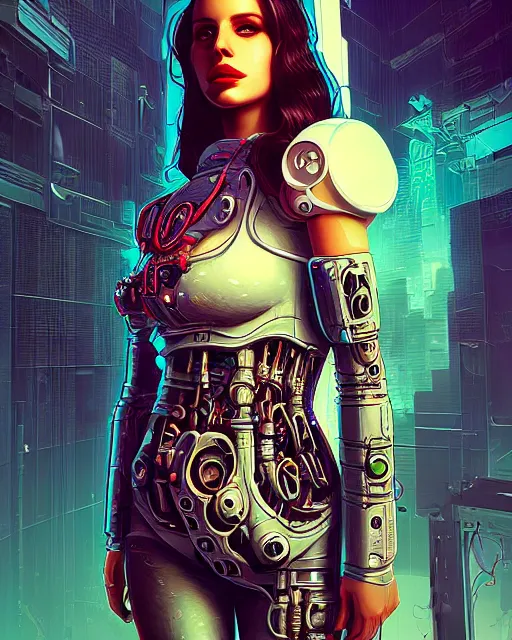 Image similar to portrait of lana del rey as a cyberpunk cyborg. roses, sci - fi, intricate abstract, upper body, intricate artwork, by tooth wu, wlop, beeple, dan mumford. concept art, 8 k octane render, deviantart, greg rutkowski, cinematic, key art, hyperrealism, iridescent accents