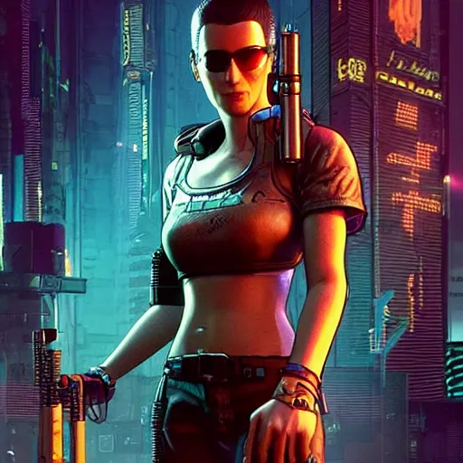 Image similar to Maria. cyberpunk mercenary smoking a cigar. Style of James Gurney and Mœbius. (Cyberpunk 2077. Blade Runner. Apex Legends. The matrix)