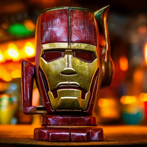 Image similar to a closeup photorealistic photograph of an iron man style tiki mug at a trader vic's beach bar featuring the face of iron man. tiki party. bright scene. fine detail. this 4 k hd image is trending on artstation, featured on behance, well - rendered, extra crisp, features intricate detail, epic composition and the style of unreal engine.