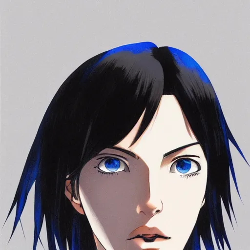 Image similar to « portrait, attractive, blue eyes, black hair, middle length hair, ghost in the shell, front view, kj, manga »