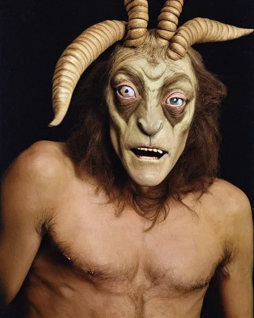 Image similar to actor Marty Feldman in Elaborate Pan Satyr Goat Man Makeup and prosthetics designed by Rick Baker, Hyperreal, Head-shot photos in the style of Annie Leibovitz