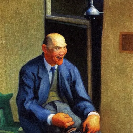 Image similar to “ here ’ s a man with a smile like god ’ s shoeshine by edward hopper and gogh ”